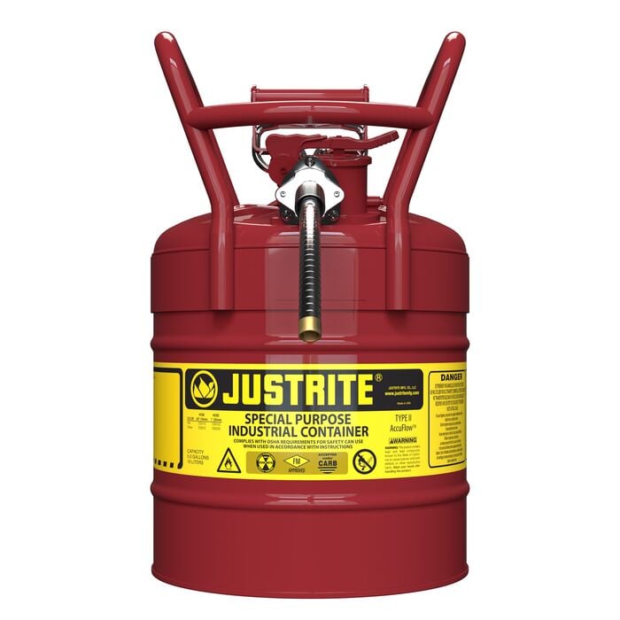 5 Gallon, 5/8" Metal Hose, Roll Bars, DOT Transport Steel Safety Can for Flammables, Type II, Accuflow™, Red - 7350110