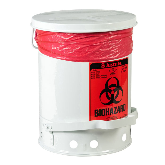 6 Gallon Steel Biohazard Waste Can, Foot-Operated Self-Closing, White - 05910