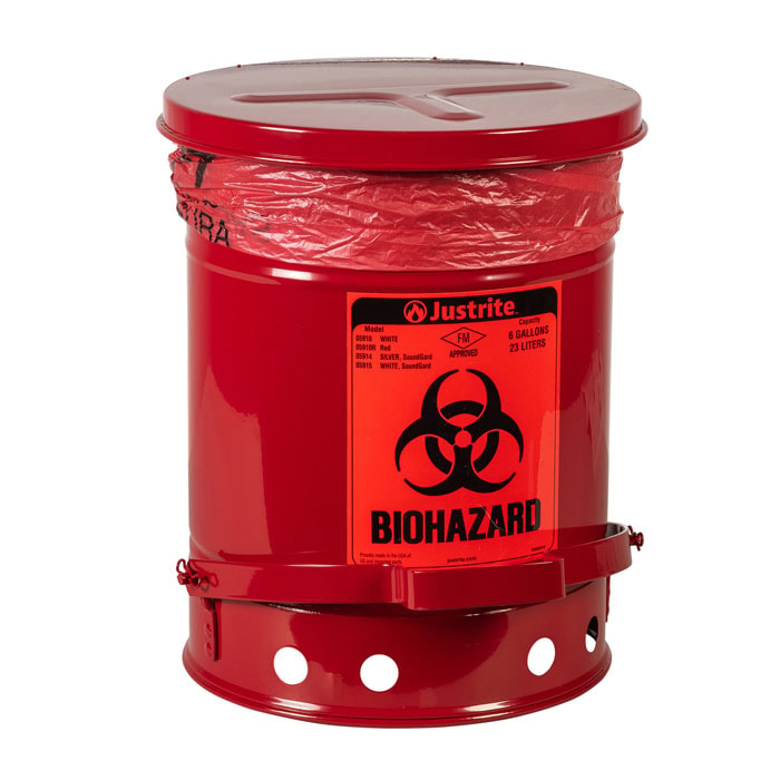 6 Gallon Steel Biohazard Waste Can, Foot-Operated Self-Closing, Red - 05910R