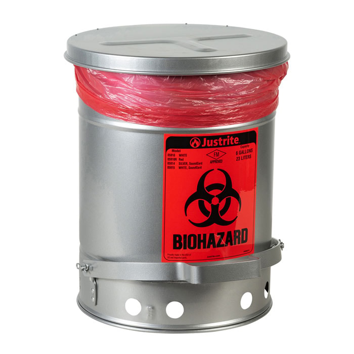 Biohazard Waste Can,6 Gallon,Foot-Operated Self-Closing SoundGard™ Cover.