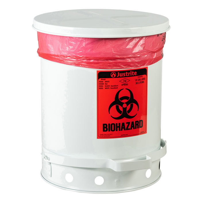 10 Gallon Steel Biohazard Waste Can, Foot-Operated Self-Closing, White - 05930