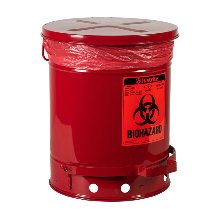 10 Gallon Steel Biohazard Waste Can With Foot-Operated Cover, Self-Closing, Red/White - 05930R / 05930