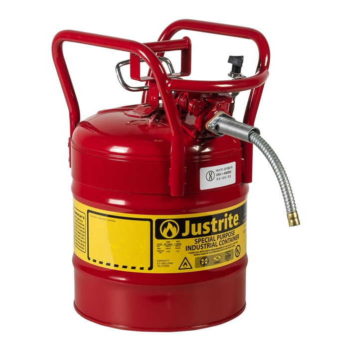 5 Gallon, 5/8" Metal Hose, Roll Bars, DOT Transport Steel Safety Can for Flammables, Type II, Accuflow™ - 7350110 / 7350210