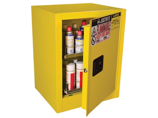 1 Door, Manual Close, 2 Drawers, 24 Can Benchtop Flammable Cabinet, Sure-Grip&reg; EX, Yellow - 890500