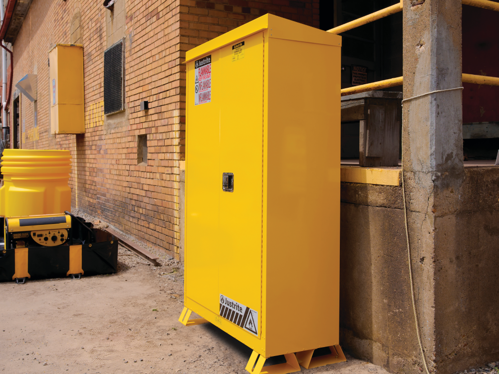 Justrite outdoor flammable storage cabinet in loading dock area
